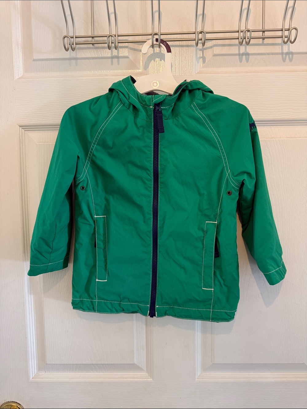 Mini Boden Bright Green Hooded Raincoat with Navy stripe Trim